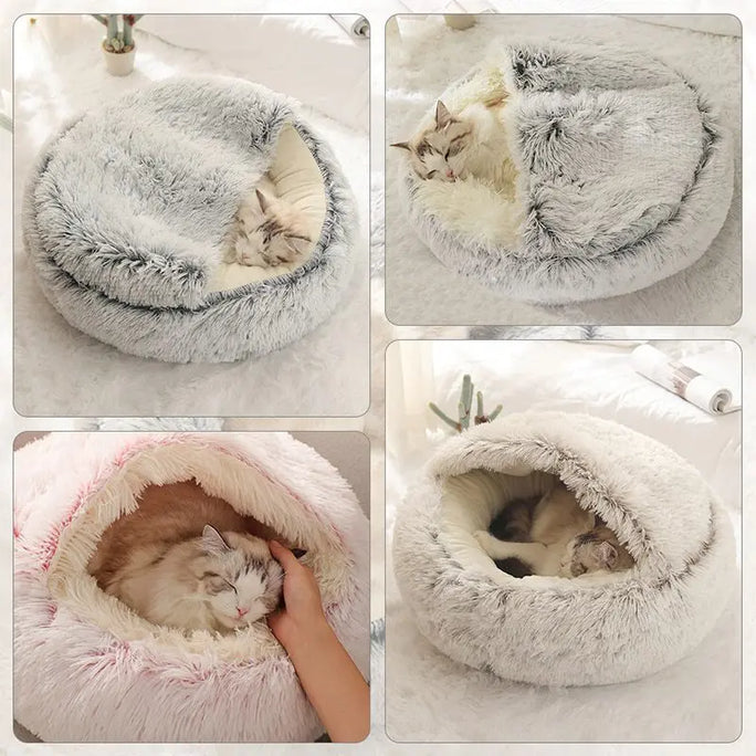 Plush Covered Cat Bed – Warm Round Sleeping Nest for Small Dogs & Kittens