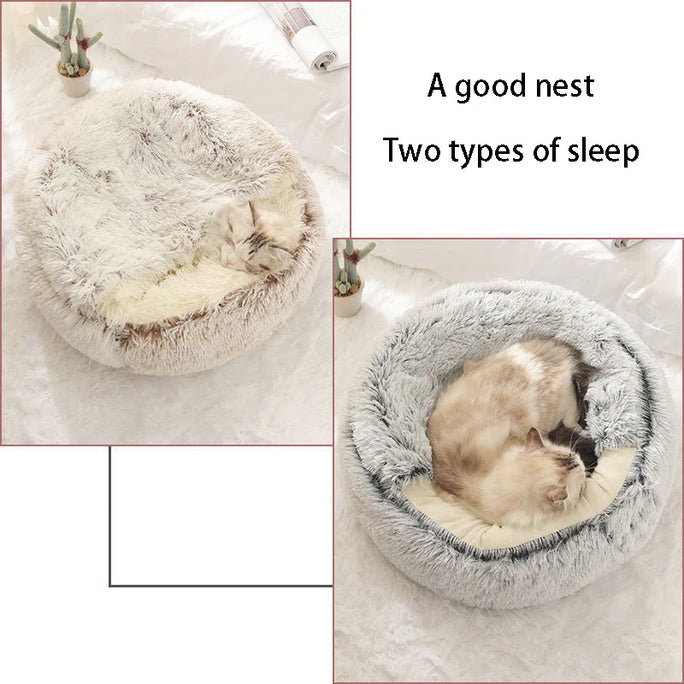 Plush Covered Cat Bed – Warm Round Sleeping Nest for Small Dogs & Kittens