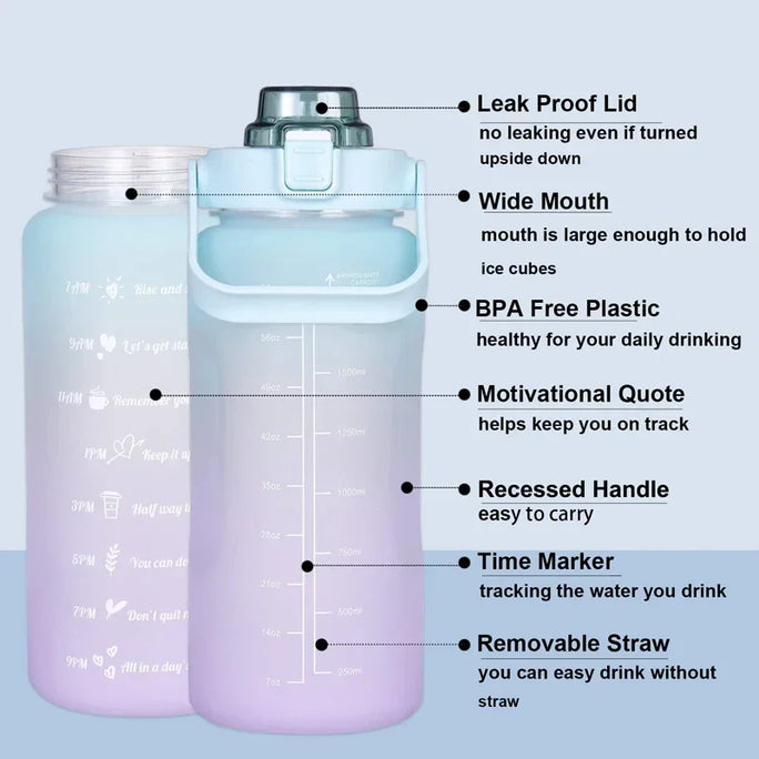 Large 2L Sports Water Bottle – Straw & Hour Markings