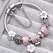 Elegant Charm Bracelet for Women – Cherry Blossom, Heart & Crystal Beads