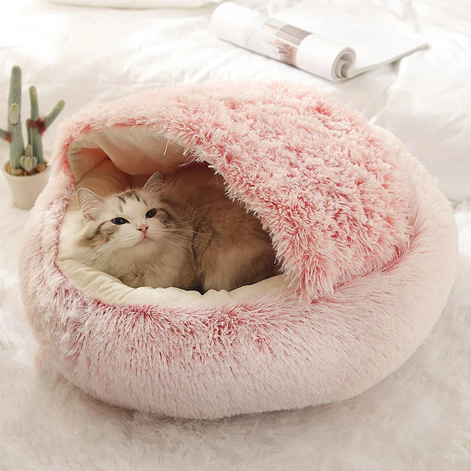 Plush Covered Cat Bed – Warm Round Sleeping Nest for Small Dogs & Kittens